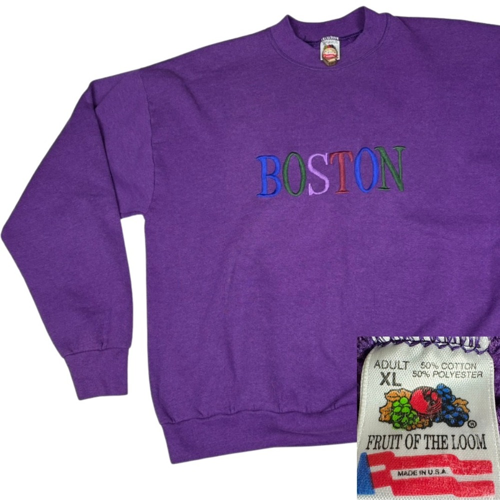 Vintage 90s Boston Embroidered Crewneck‎ Sweatshirt XL Purple USA Single Stitch